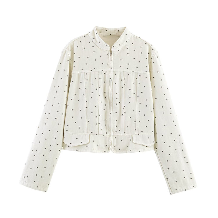 Damen Gepunktete Cropped-Jacke mit Stehkragen, Reißverschluss und aufgesetzten Taschen Drune