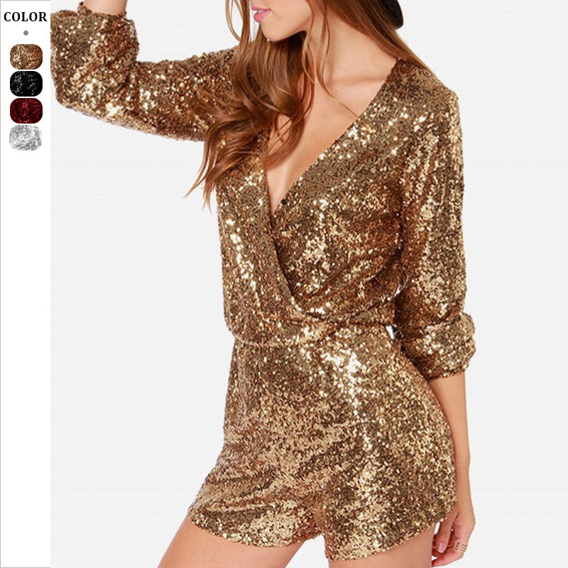 Damen Funkelnder Jumpsuit mit V-Ausschnitt und Schimmerndem Paillettenbesatz Drune