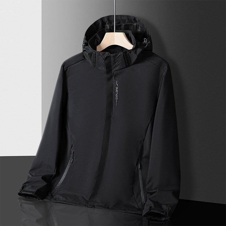 Herren leichter wasserdichter Softshell‑Hoodie mit Kapuze und Tarn‑Hex‑Alloverprint Drune