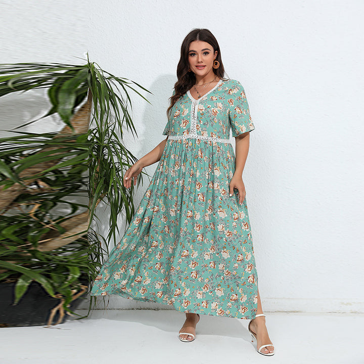 Damen Blumengemustertes Maxikleid mit V-Ausschnitt und gerafftem Design Drune