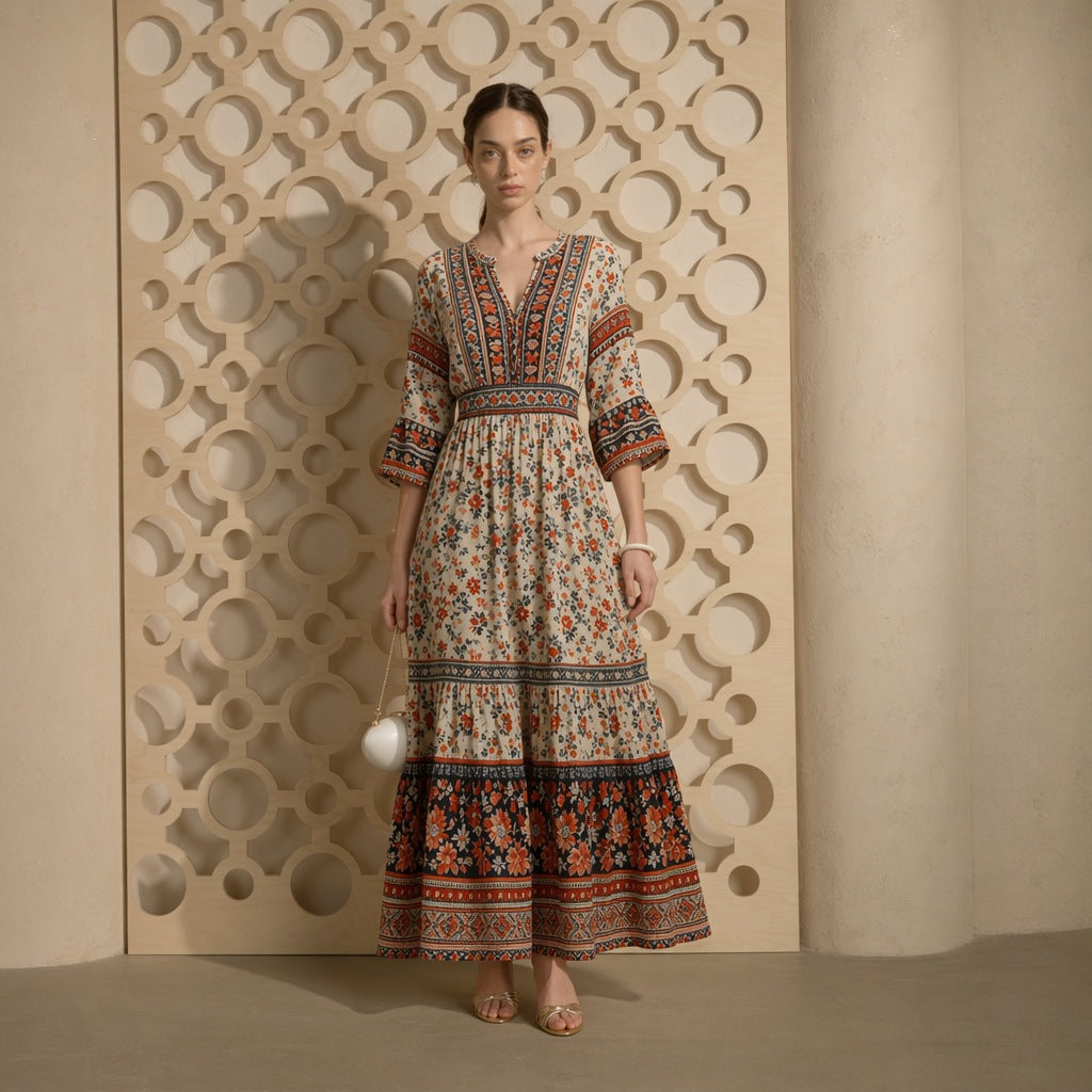 Damen langes Boho-Maxi-Kleid mit V-Ausschnitt geraffter Taille und mehrlagigem Stufenrock Drune
