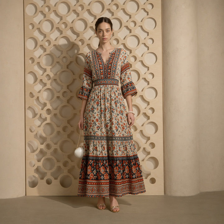 Damen langes Boho-Maxi-Kleid mit V-Ausschnitt geraffter Taille und mehrlagigem Stufenrock Drune