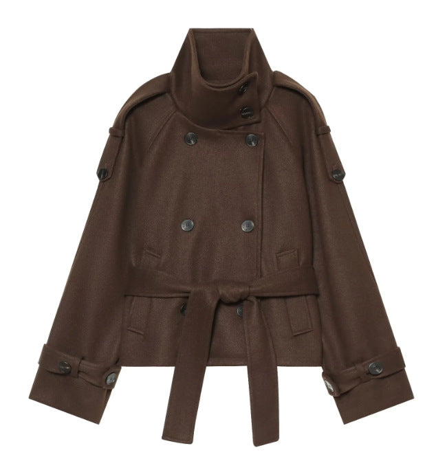 Damen Kurzer zweireihiger Cape-Mantel aus Wolle mit Stehkragen Schulterklappen und Bindegürtel Drune