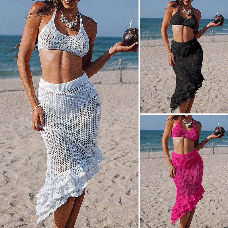 Damen Häkel-Bikiniset mit asymmetrischem Rock und Fransen Drune