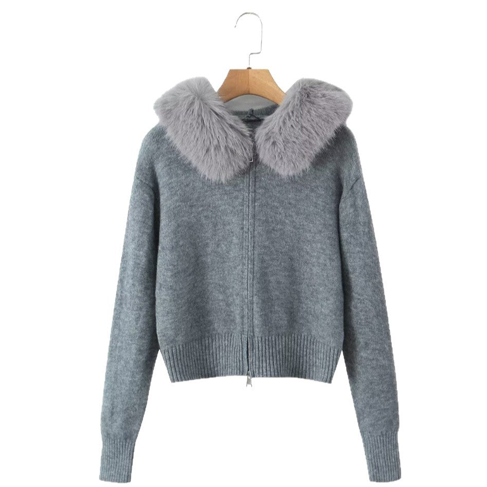 Damen Strickjacke mit luxuriösem Kunstfellkragen und Reißverschluss Drune