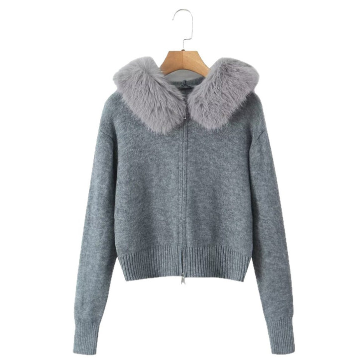 Damen Strickjacke mit luxuriösem Kunstfellkragen und Reißverschluss Drune