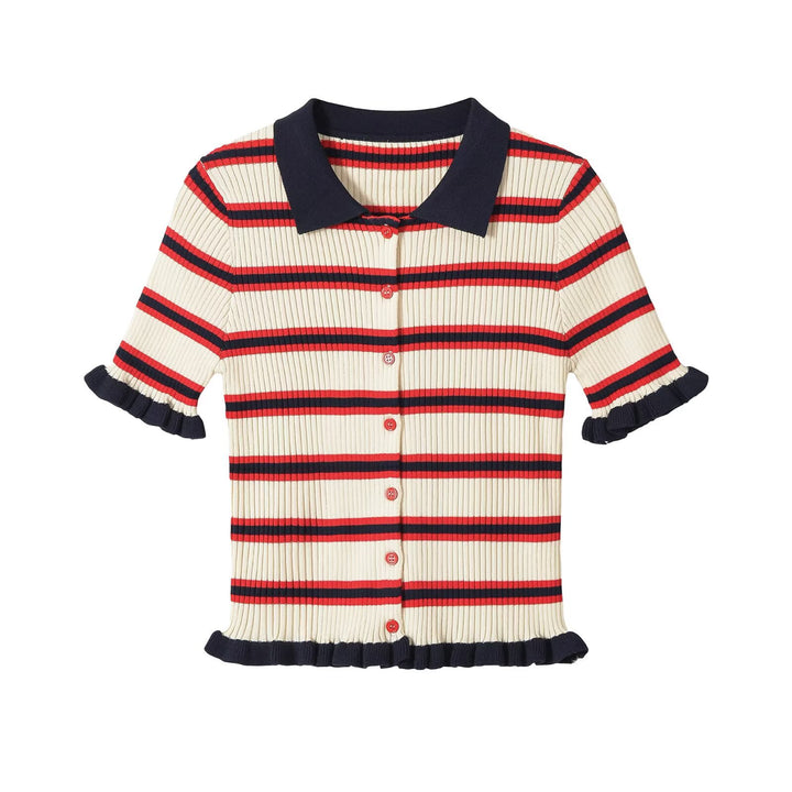 Damen Gerippte Kurzarmstrickjacke mit Polokragen, Knopfleiste und Volantabschlüssen Drune