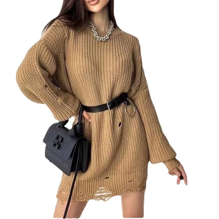 Damen Oversize Grobstrick-Minikleid mit Destroy-Effekt und Rundhalsausschnitt Drune