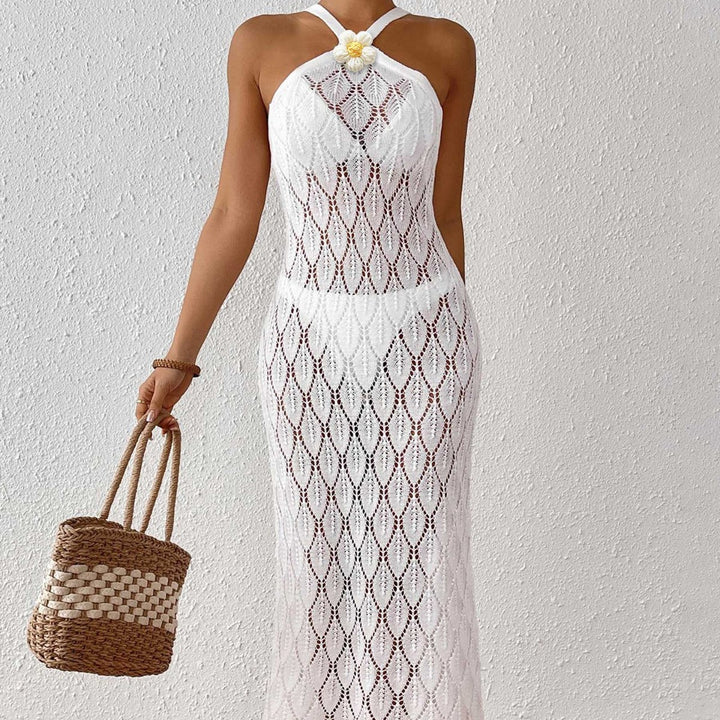 Damen Häkel-Maxikleid mit einem eleganten Blumendetail Drune