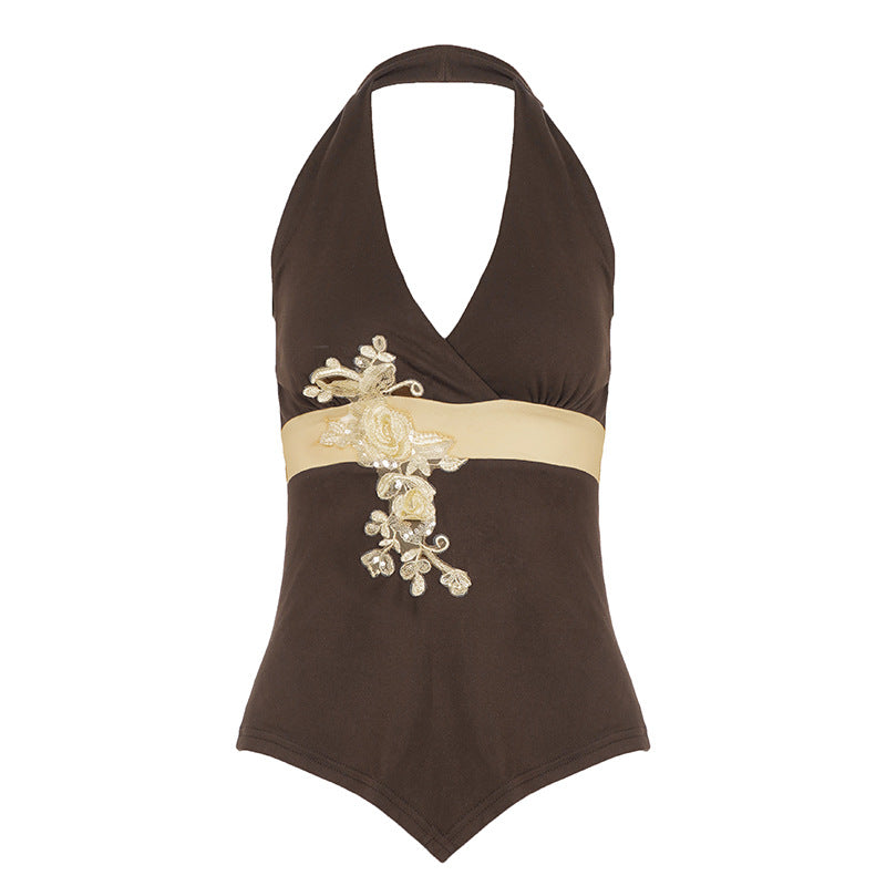 Damen Elegant geschnittenes Badeoutfit mit Blumenstickerei Drune