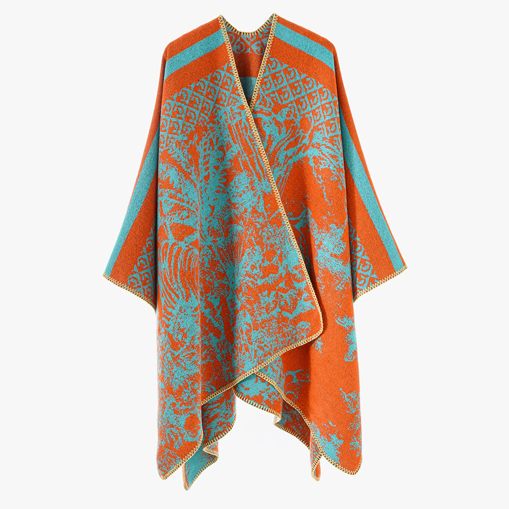 Damen Luxuriöser Jacquard-Motivponcho mit asymmetrischem Zipfelsaum Drune
