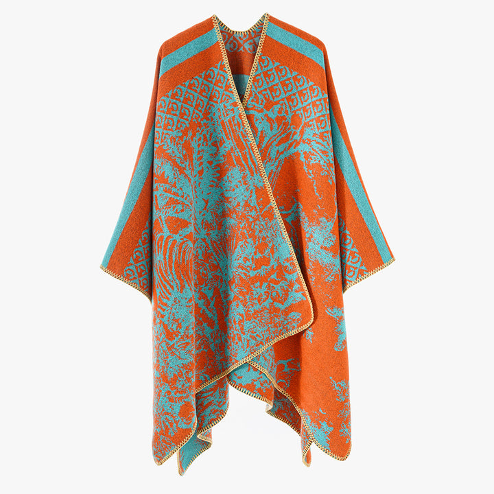 Damen Luxuriöser Jacquard-Motivponcho mit asymmetrischem Zipfelsaum Drune