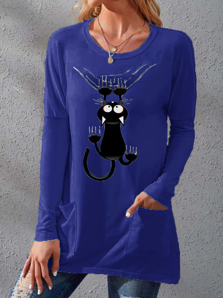 Damen Langere Baumwollmischung Tunika Shirt mit Cartoon-Katzen-Druck und Seitentaschen Drune