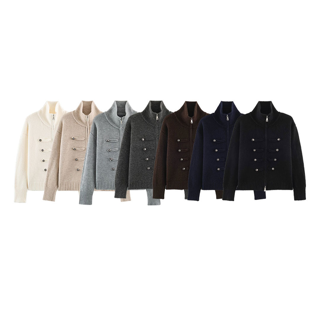 Damen Strickjacke mit Reißverschluss, hohem Stehkragen und dekorativen Zierknopfleisten Drune