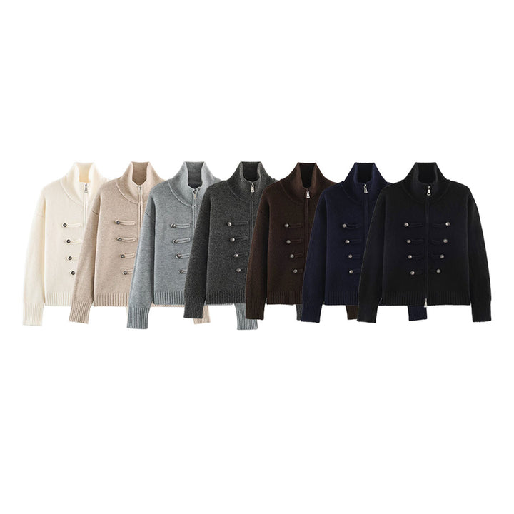 Damen Strickjacke mit Reißverschluss, hohem Stehkragen und dekorativen Zierknopfleisten Drune