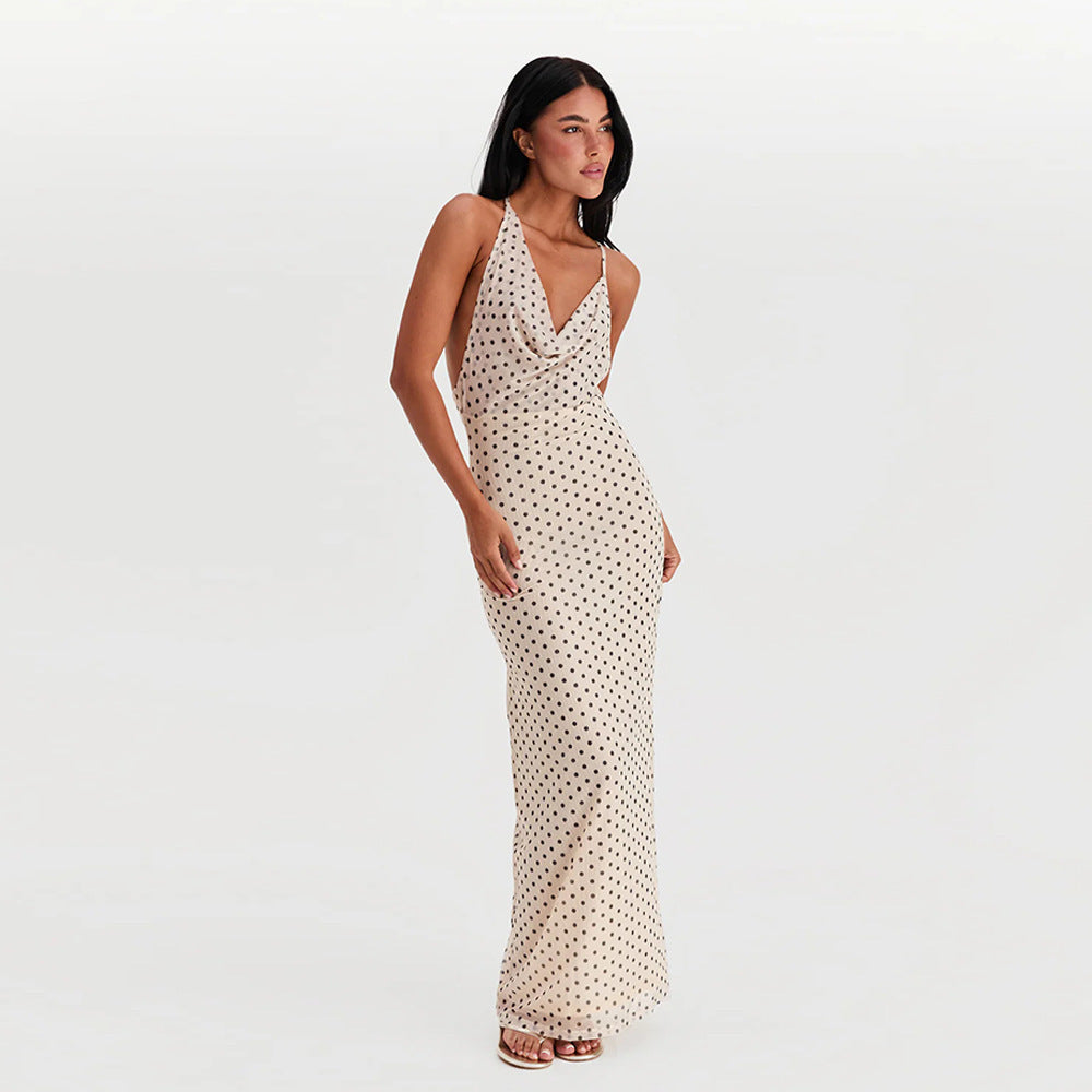 Damen Maxikleid mit elegantem Wasserfallausschnitt und Punktedesign Drune