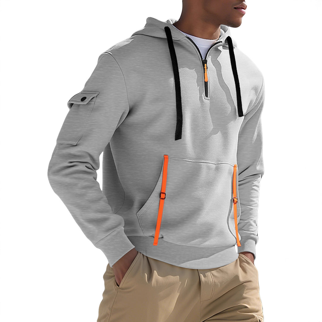 Herren nan urbaner Tech-Kapuzen-Halbzippullover mit Utility-Ärmeltasche, Kängurutasche und verstellbaren Zipper-Bändern Drune