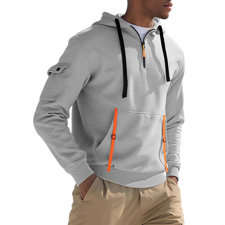 Herren nan urbaner Tech-Kapuzen-Halbzippullover mit Utility-Ärmeltasche, Kängurutasche und verstellbaren Zipper-Bändern Drune