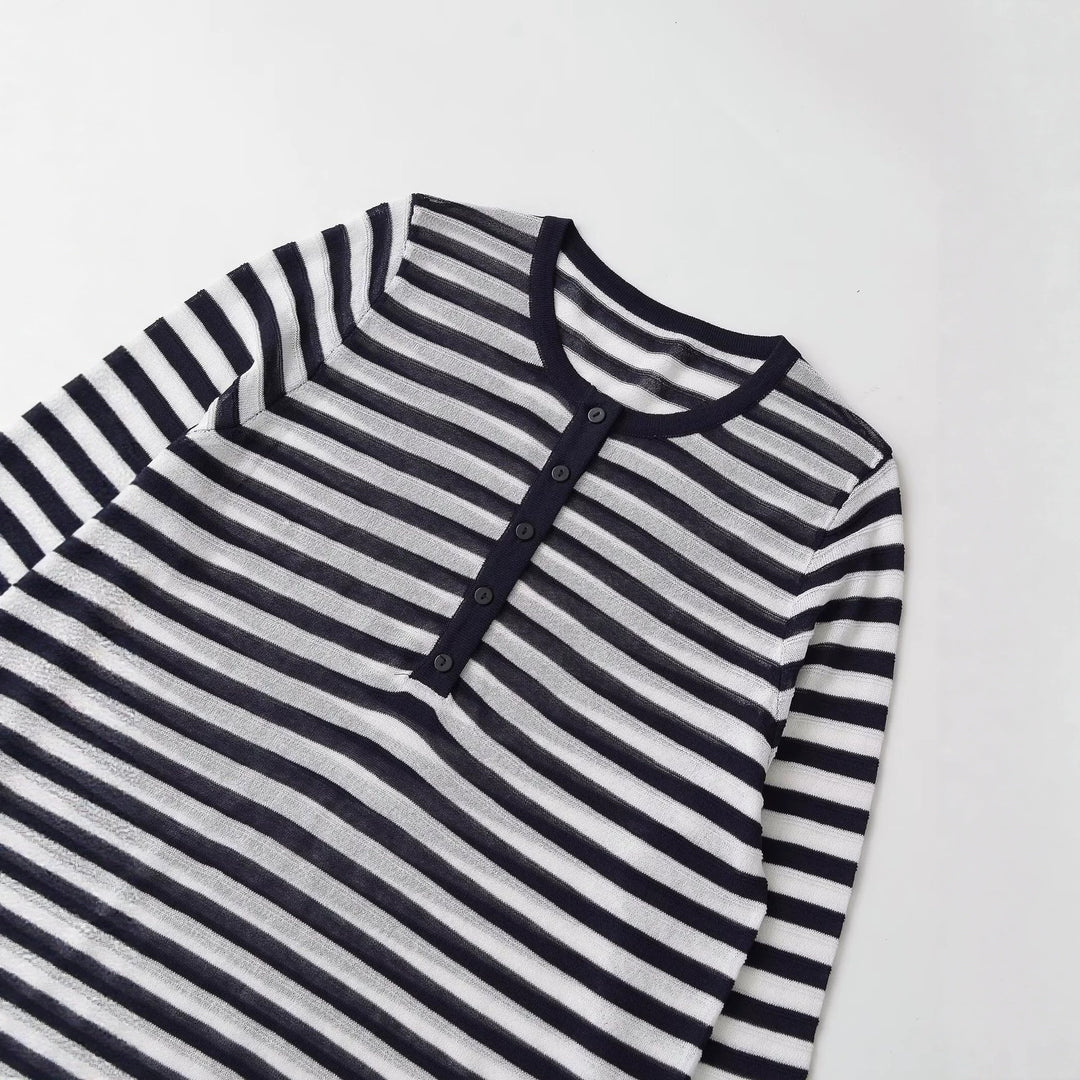 Damen Langarm-Shirt mit Knopfleiste und maritimen Streifen Drune