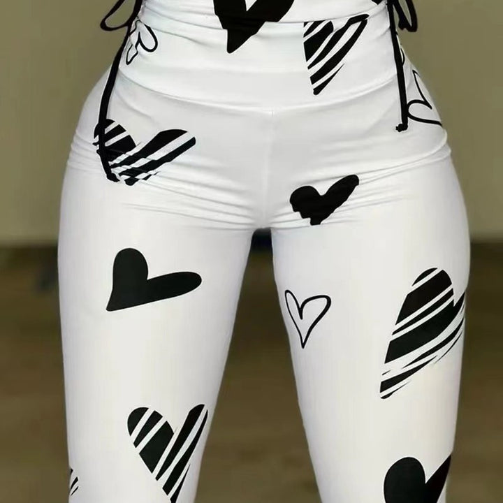 Damen Hohe Taille Leggings mit Herzmuster und Kordelzug Drune