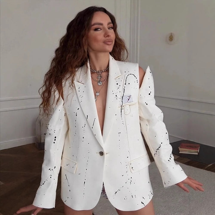 Damen Oversize-Blazer mit Cut-Out-Schultern und Paint‑Splatter‑Optik Drune