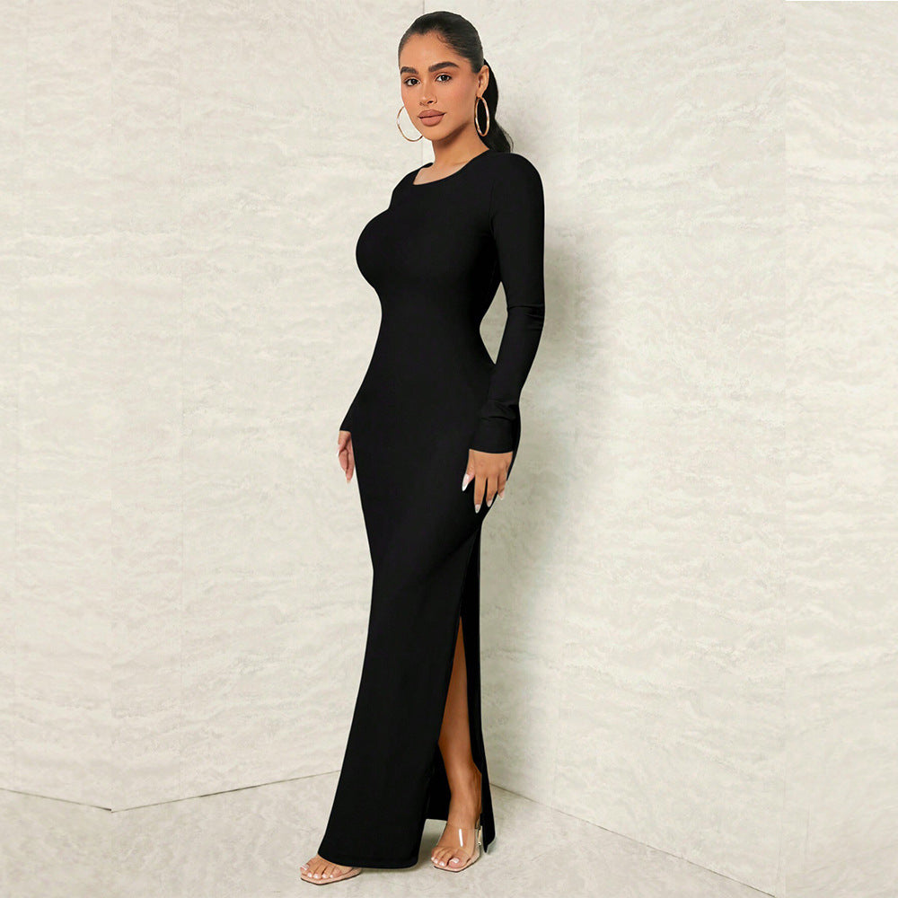 Damen figurnahes Maxikleid mit Rundhalsausschnitt, langem Arm und sculptender Taillenform Drune