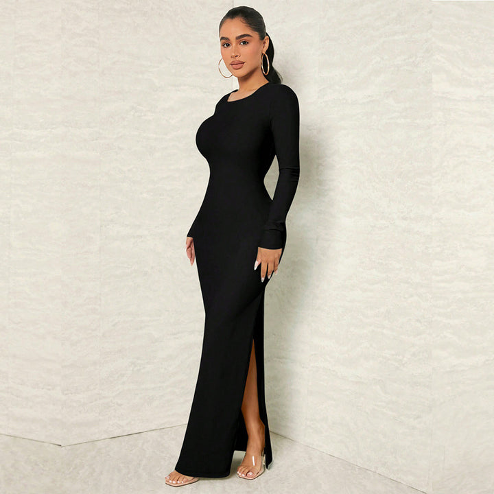 Damen figurnahes Maxikleid mit Rundhalsausschnitt, langem Arm und sculptender Taillenform Drune