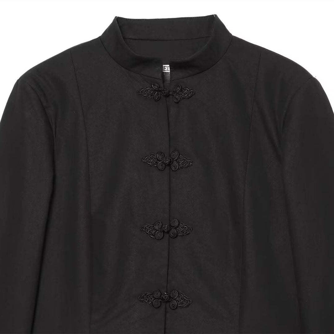 Damen Mandarinkragen Kurzblazer mit chinesischen Knotenverschlüssen Drune