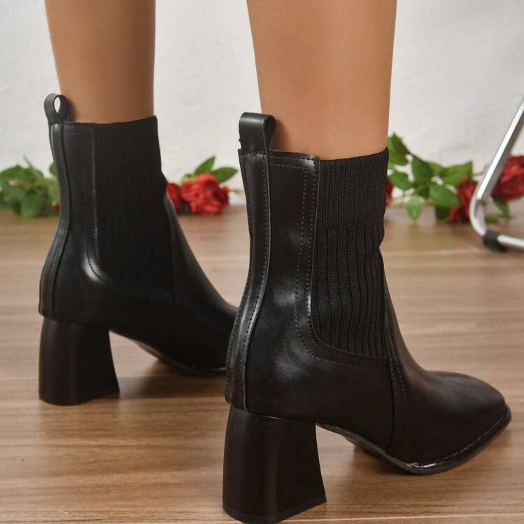 Damen Elegante Blockabsatz Stiefeletten mit Strickschaft Drune