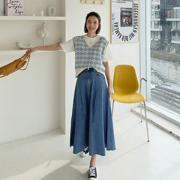 Damen Langer Jeans-Culotte-Rock mit hoher Taille, kastiger A-Linien-Silhouette und Eingrifftaschen Drune