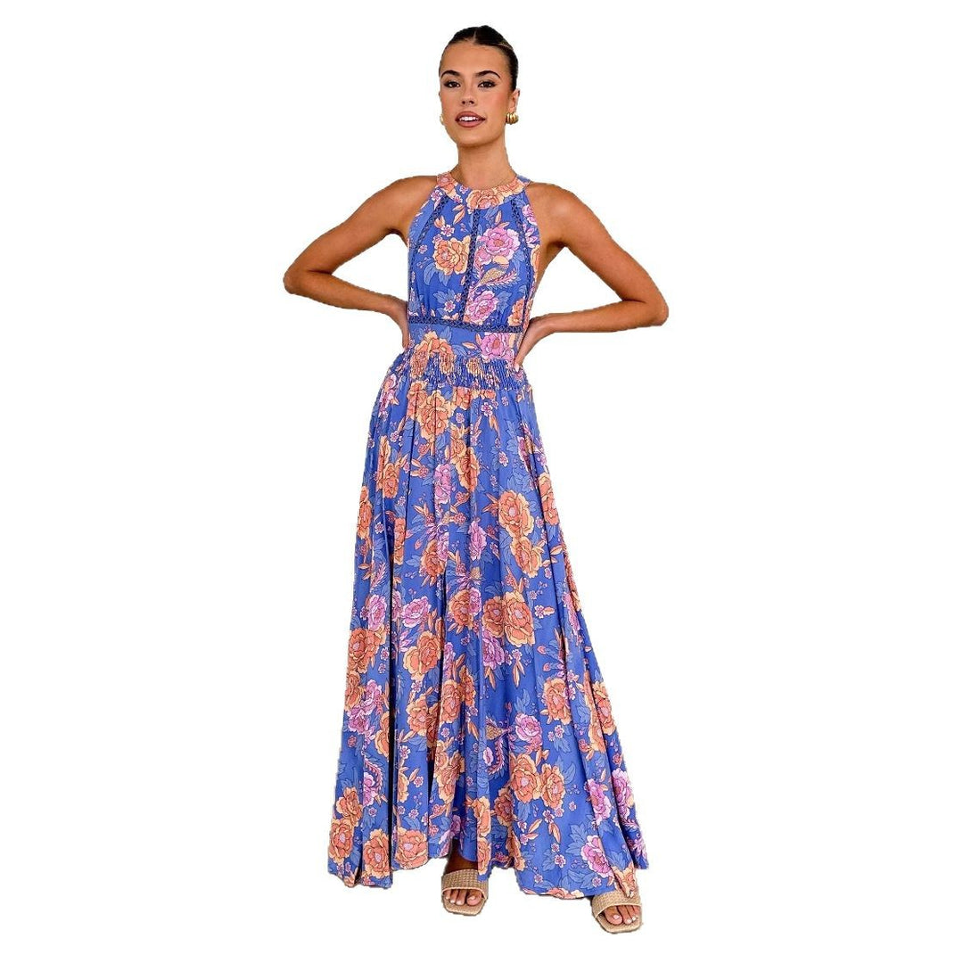 Damen Maxikleid mit hochgeschlossenem Ausschnitt und floralen Akzenten Drune