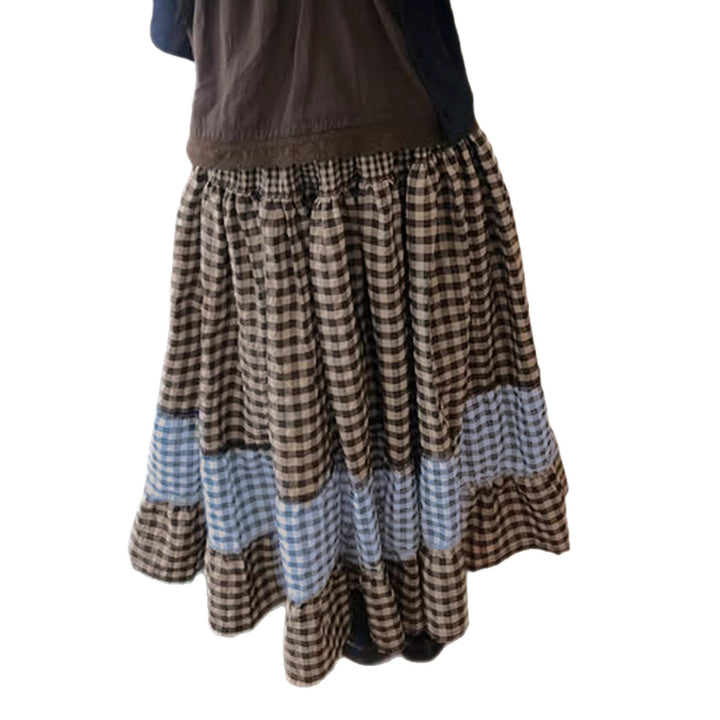 Damen nan mehrlagiger Baumwoll-Stufenrock mit elastischem Taillenbund, kontrastierendem Gingham-Band und Volant Drune