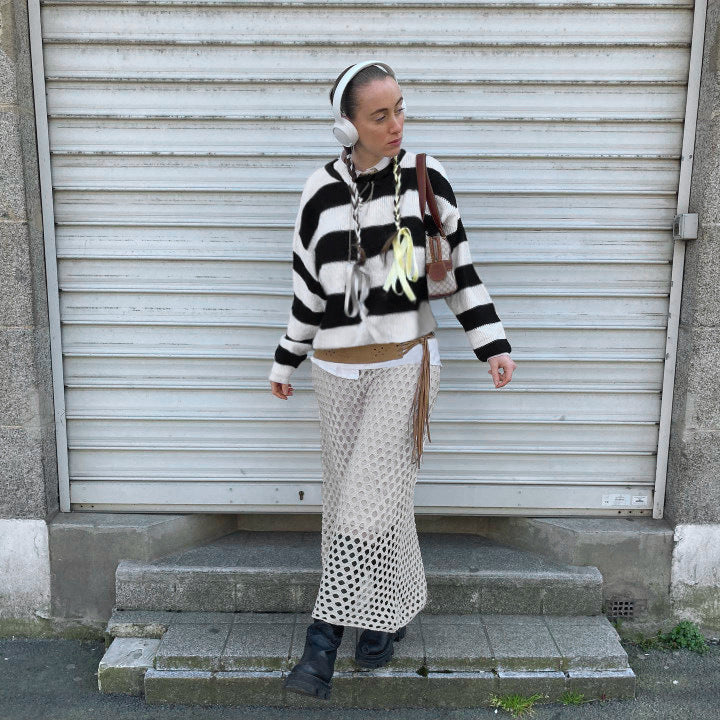 Damen nan gestreifter Rundhals-Pullover aus Feinstrick mit gerippten Bündchen und schmaler Passform Drune