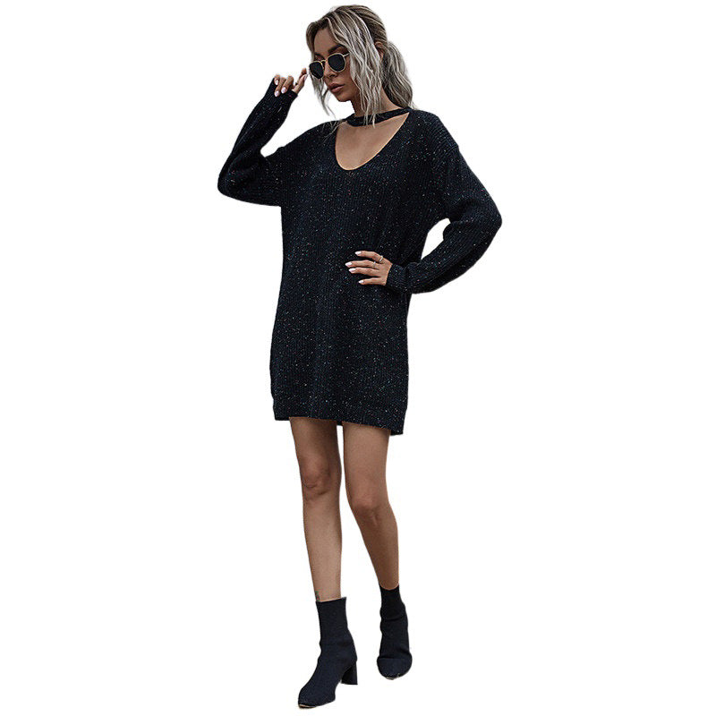 Damen Elegantes Strickkleid mit tiefem Ausschnitt und Gürtel Drune