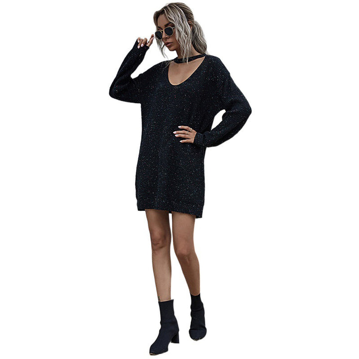 Damen Elegantes Strickkleid mit tiefem Ausschnitt und Gürtel Drune