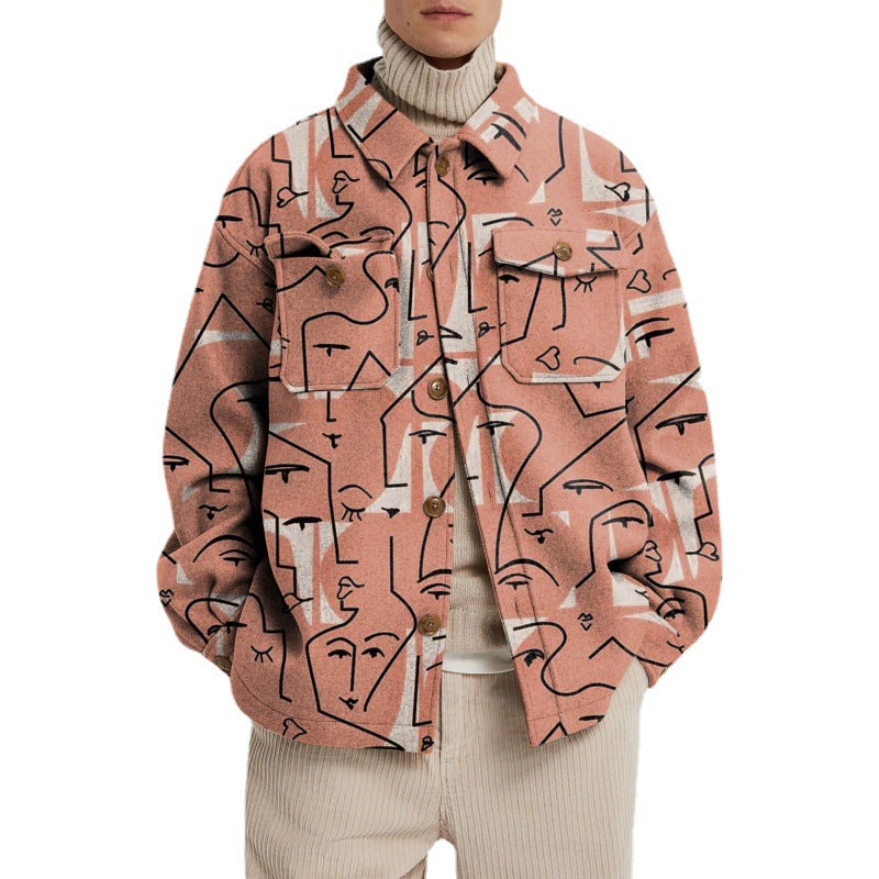 Damen Oversized Wolloptik-Überhemd mit asymmetrischem Vogelprint und Pattentasche Drune
