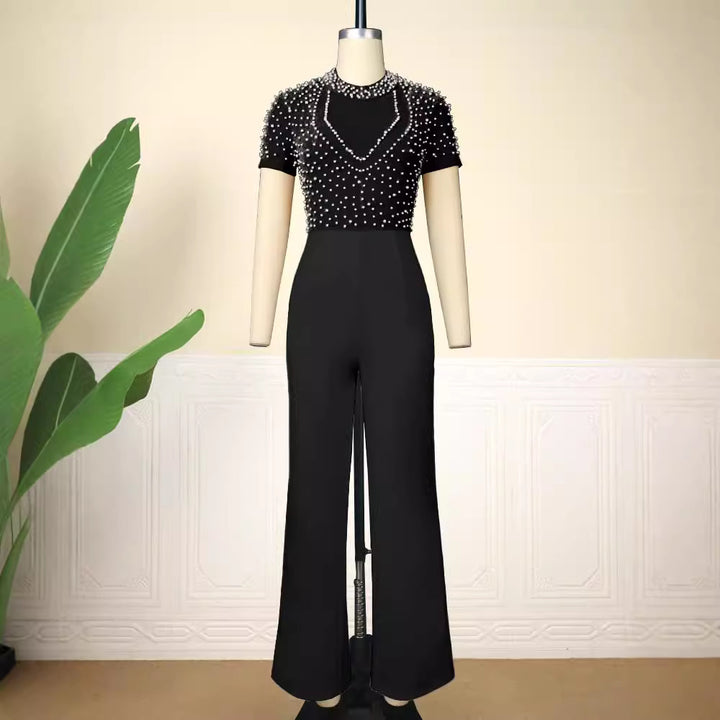 Damen eleganter Jumpsuit mit schimmerndem Perlen-Besatz Drune
