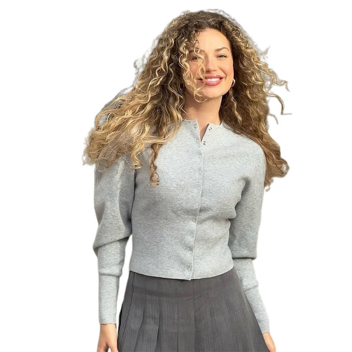Damen modische Strickjacke mit plissierten Ärmeln und Knopfdetails Drune