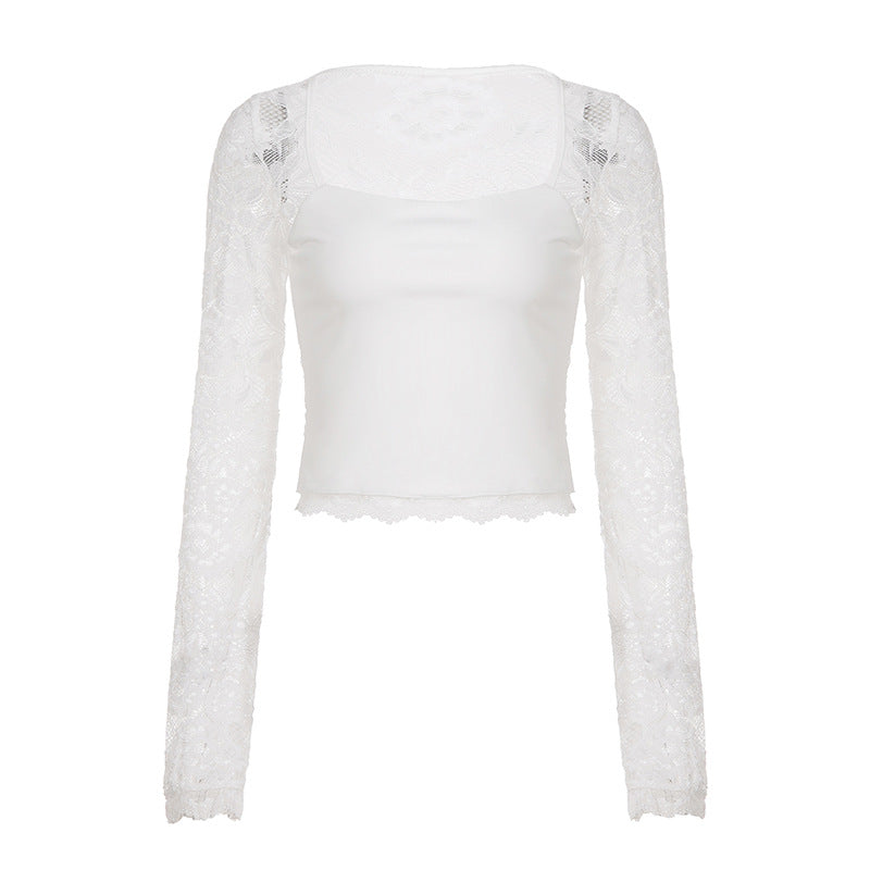 Damen kurzärmeliges Oberteil mit eleganten Spitzenärmeln und raffiniertem Design Drune