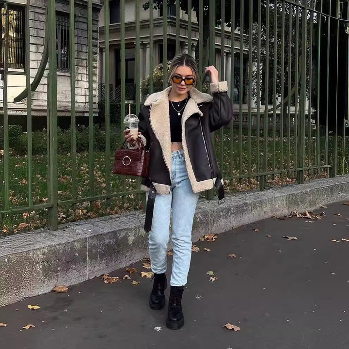 Damen Gefütterte Fliegerjacke im Aviator‑Stil mit Teddyfutter und Reißverschluss Drune
