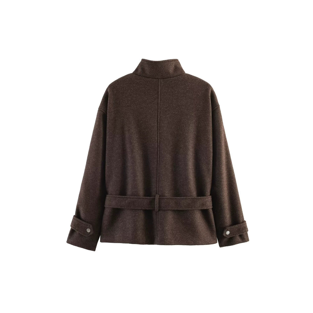 Damen Kurze Wollmix-Übergangsjacke mit Taillengürtel und Stehkragen Drune