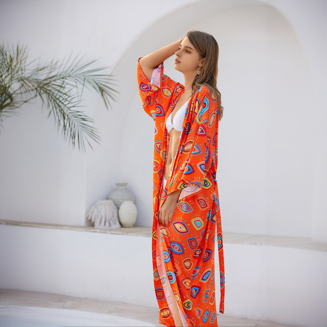 Damen Langer Kaftan‑Kimono mit Taillengürtel, V‑Ausschnitt & grafischem Augenprint Drune