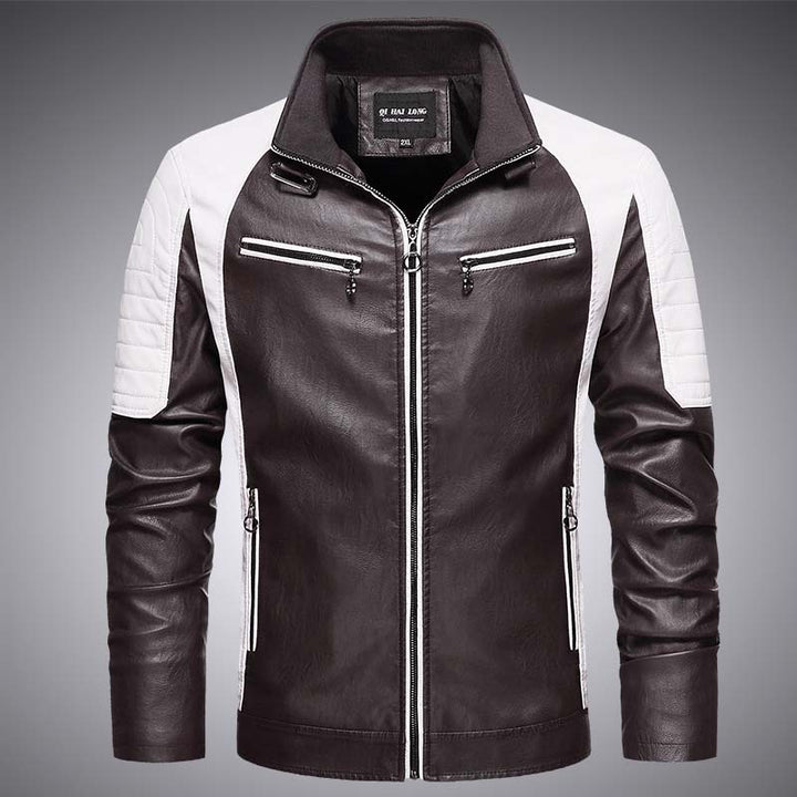 Herren Biker-Lederimitatjacke im Racing-Stil mit Stehkragen und Reißverschlusstaschen Drune