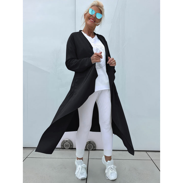 Damen Langer Fließender Longcardigan mit Wasserfall-Saum und Eingrifftaschen Drune