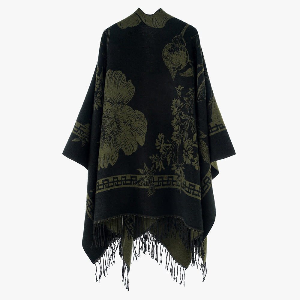 Damen Leichter Jacquard‑Poncho mit floralem Allovermuster, asymmetrischem Zipfelsaum und Fransen Drune