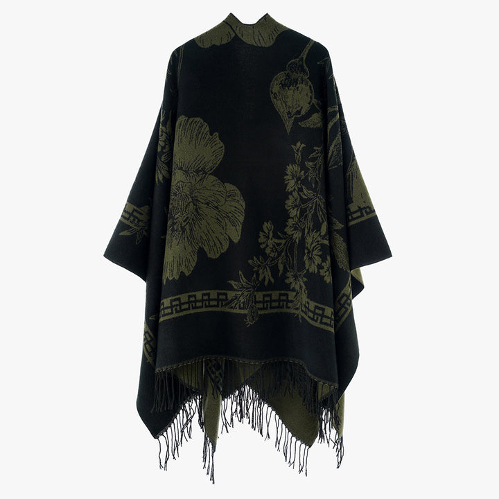 Damen Leichter Jacquard‑Poncho mit floralem Allovermuster, asymmetrischem Zipfelsaum und Fransen Drune