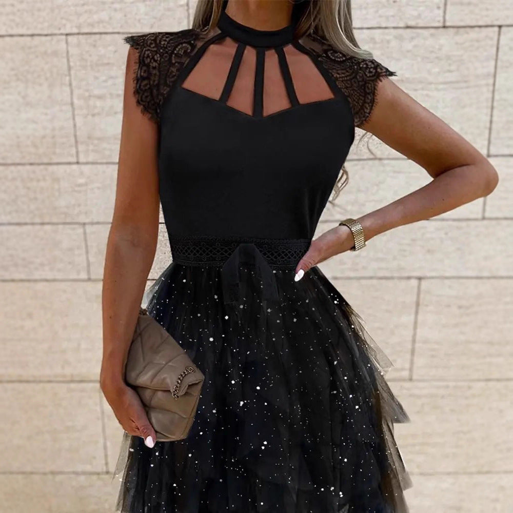 Damen Cocktailkleid mit Spitzenrand und glitzerndem Tüll Drune