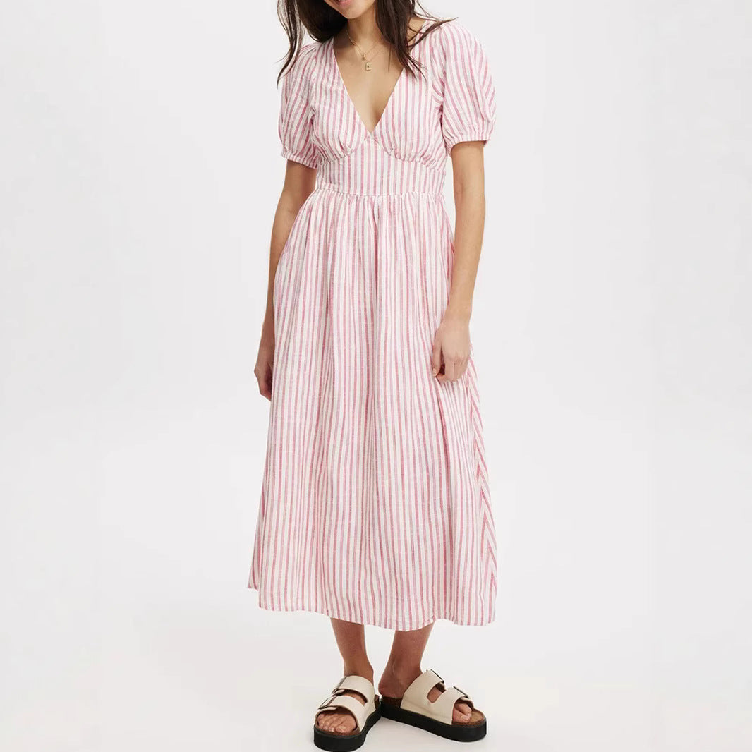 Damen Maxikleid mit V-Ausschnitt und Puffärmeln Drune