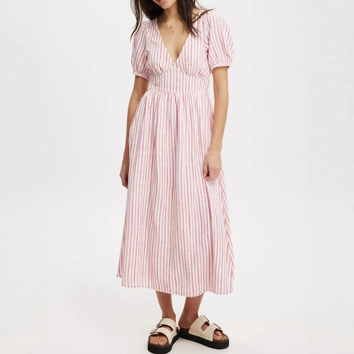 Damen Maxikleid mit V-Ausschnitt und Puffärmeln Drune
