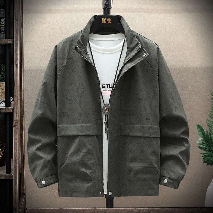 Herren leichte Overshirt-Utility-Jacke mit Allover-Print, Stehkragen & verdecktem Reißverschluss Drune